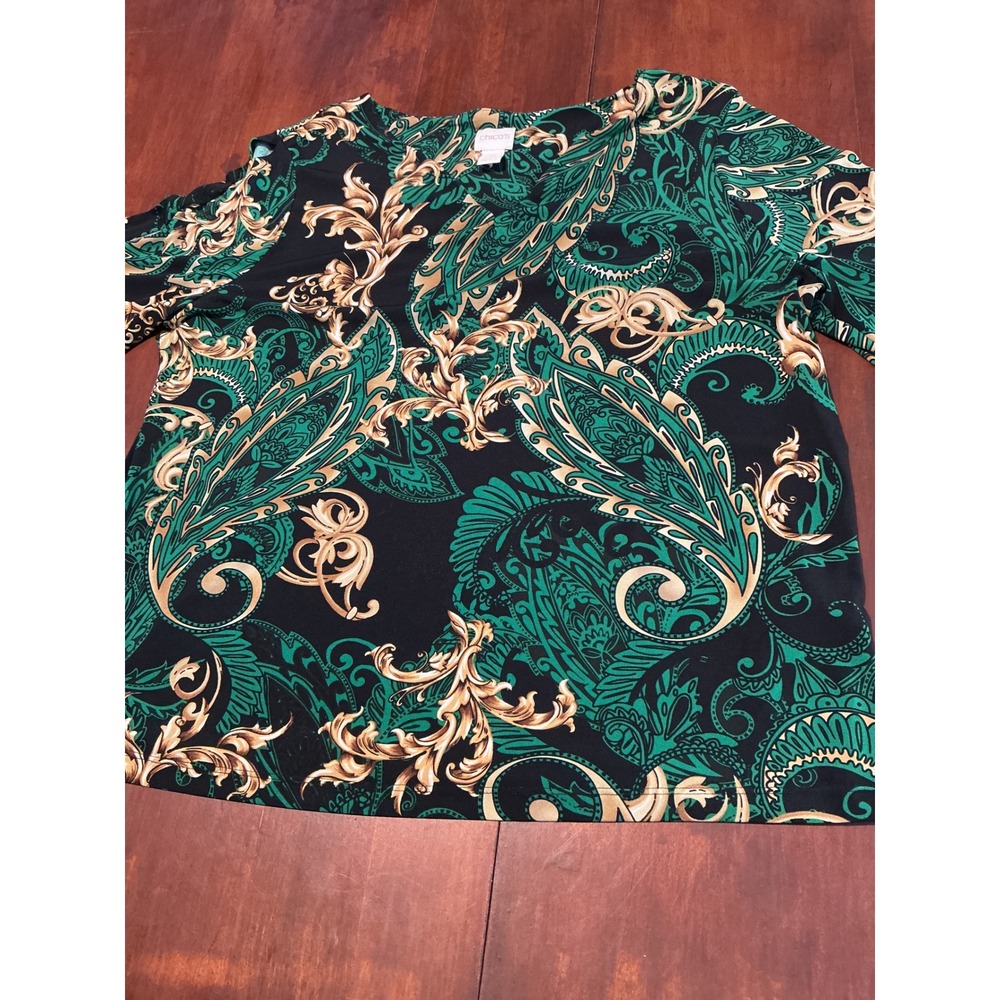 Chico's Green Gold Paisley Bell Sleeve Blouse Size 2 Large Scoop Neck Top